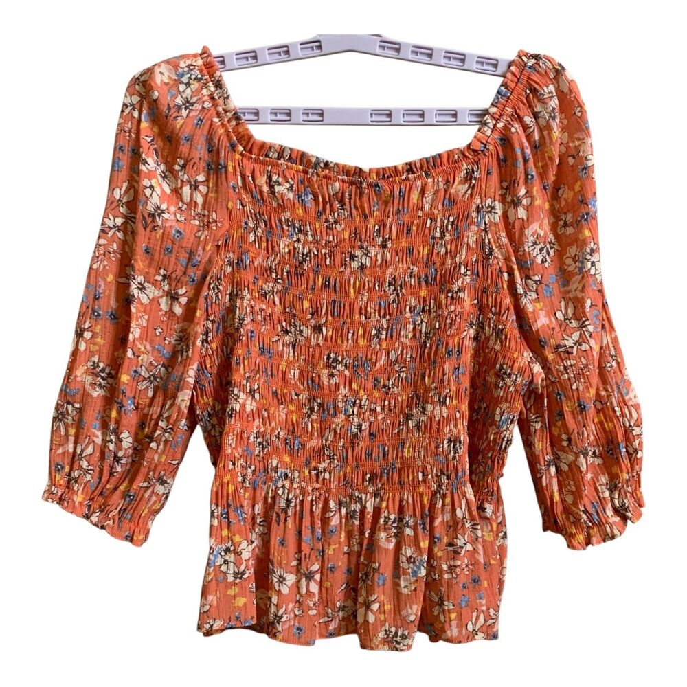 Nanette Lepore Blouse SZ L Orange Floral Flutter Sleeves Bohemian Hippie Ruched